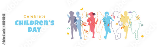 Happy Children's Day card. set of silhouette full colors group kids running laughing playing together enjoy the happiness on white background	