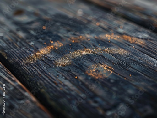 A hyperrealistic closeup of a WiFi symbol etched onto a weathered wooden table  with dust particles settling in the grooves