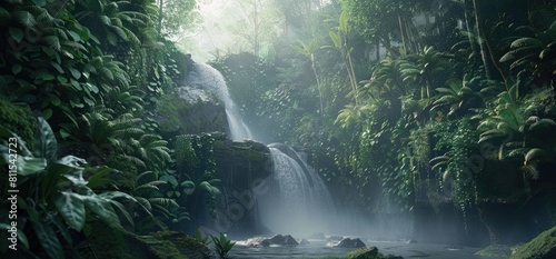Scenic waterfall in front of a beautiful landscape  nature view  created with AI