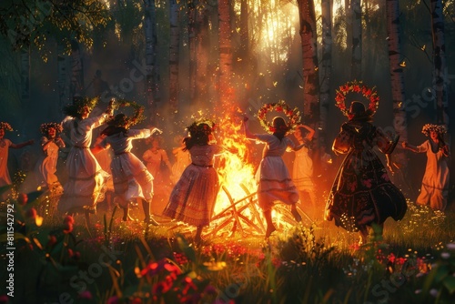 Ivan Kupala Celebration in Forest Clearing with Bonfire and Traditional Dances at Sunset