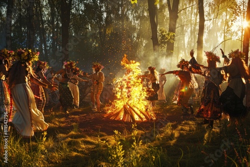 Ivan Kupala Celebration in Forest Clearing with Bonfire and Traditional Dances at Sunset