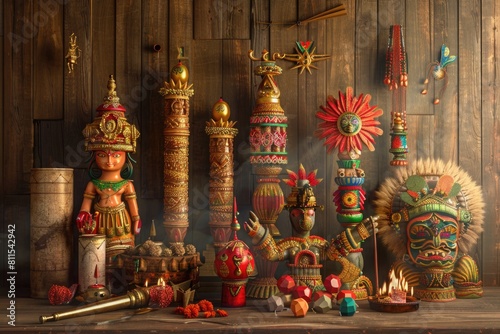 Dashahra Festival Scene with Effigies, Decorations, and Firecrackers on a Wooden Background