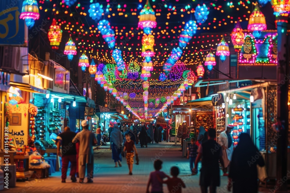 Ramadan street festival scene with colorful lights, lively crowds, and food stalls