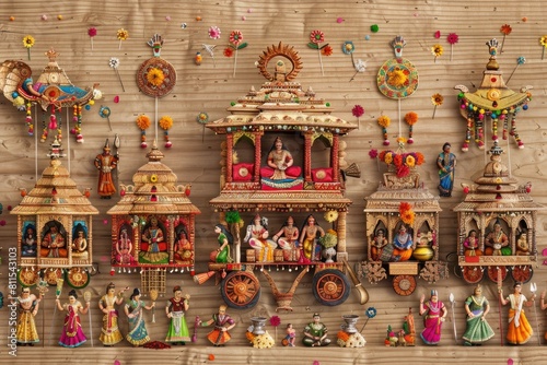 Rath Yatra festival scene with colorful chariots and worshippers on a wooden background