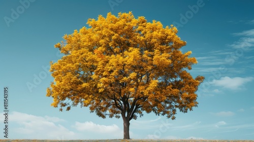 Maple tree with autumn foliage in yellow and gold hues set against a blue sky © AkuAku