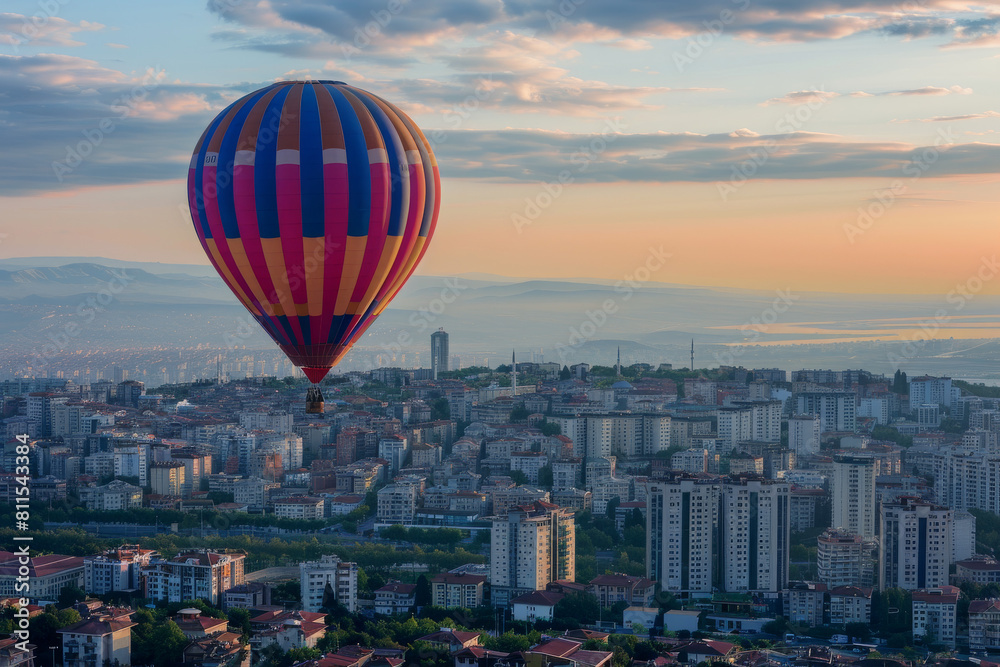 Summer festivals and events, Vibrant hot air balloon against the backdrop of a metropolis at sunset and sunrise, with space for text Summer festivals and events, Vibrant hot air balloon against the backdrop of a metropolis at sunset and sunrise, with space for text