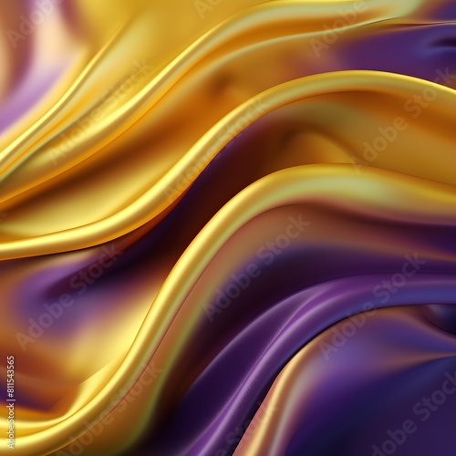 Abstract background with wavy golden and purple silk texture. Generative AI.