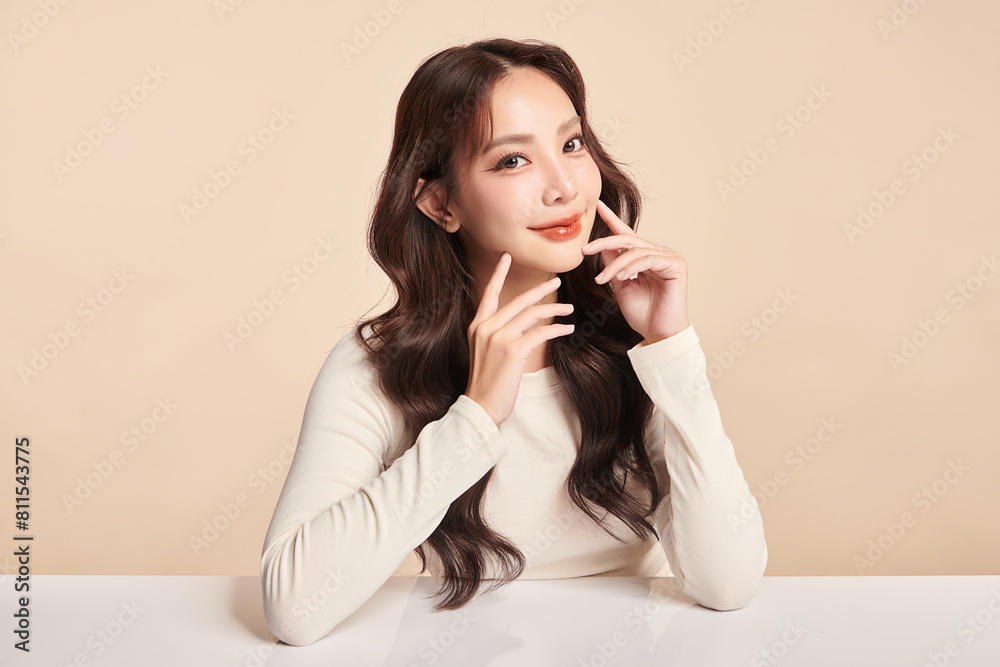 Beautiful young asian woman with clean fresh skin on beige background, Face care, Facial treatment, Cosmetology, beauty and spa, Asian women portrait. Beautiful young asian woman with clean fresh skin on beige background, Face care, Facial treatment, Cosmetology, beauty and spa, Asian women portrait.