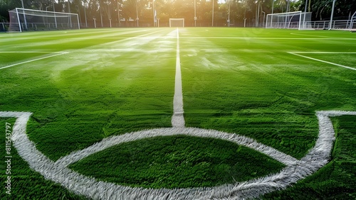 Closeup of artificial soccer field with white stripes used in sports. Concept Sports equipment, Soccer field, Athletics, Artificial turf, Striped design
