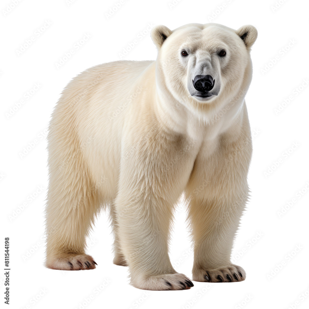 A large white polar bear with black nose standing on all fours looking at the camera with a serious expression on its face. On transparent background A large white polar bear with black nose standing on all fours looking at the camera with a serious expression on its face. On transparent background