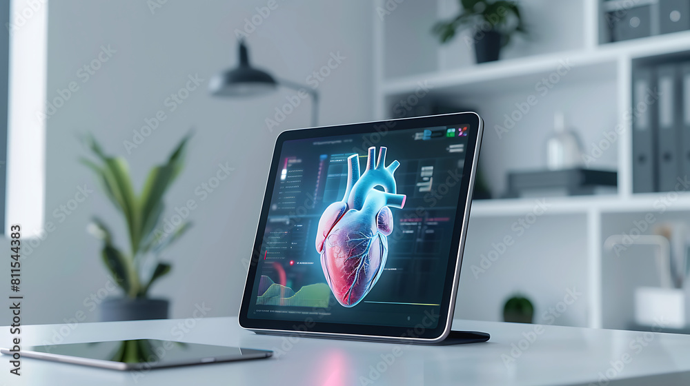 A large tablet displaying a vibrant holographic 3D heart, laid on a white table within a clean. Generative AI illustration A large tablet displaying a vibrant holographic 3D heart, laid on a white table within a clean. Generative AI illustration