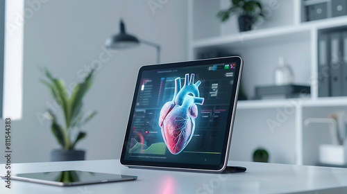 A large tablet displaying a vibrant holographic 3D heart, laid on a white table within a clean. Generative AI illustration  photo