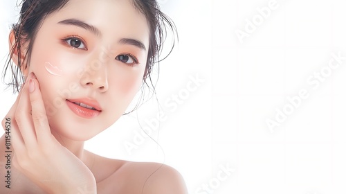 young beautiful Asia girl with pretty smile on face. Beauty Korean spa skincare banner ,