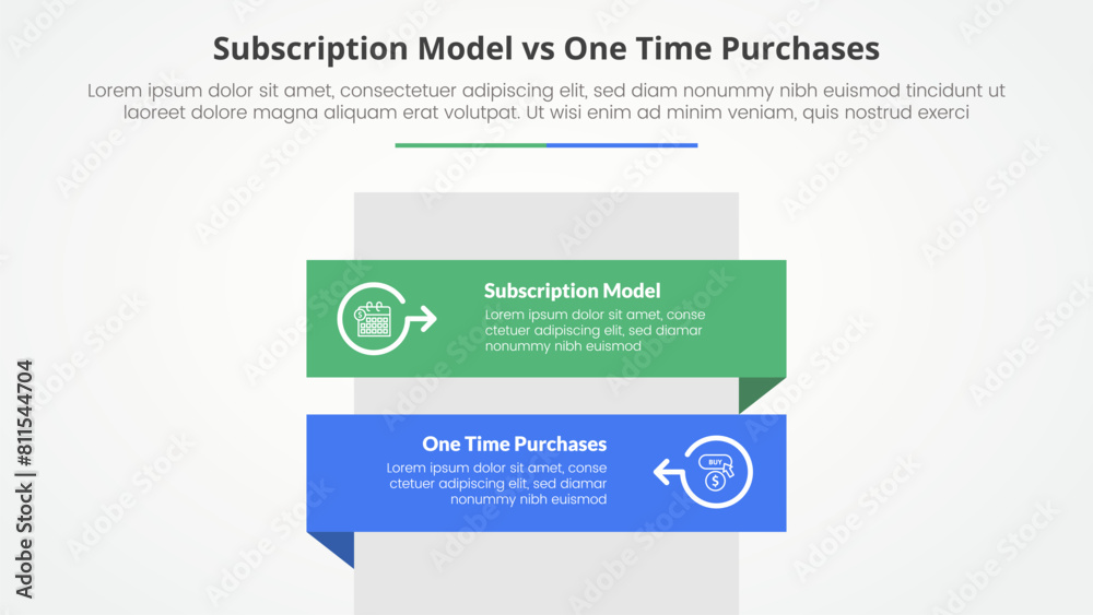 subscription vs one time purchase versus comparison opposite infographic concept for slide presentation with rectangle box vertical stack with flat style subscription vs one time purchase versus comparison opposite infographic concept for slide presentation with rectangle box vertical stack with flat style