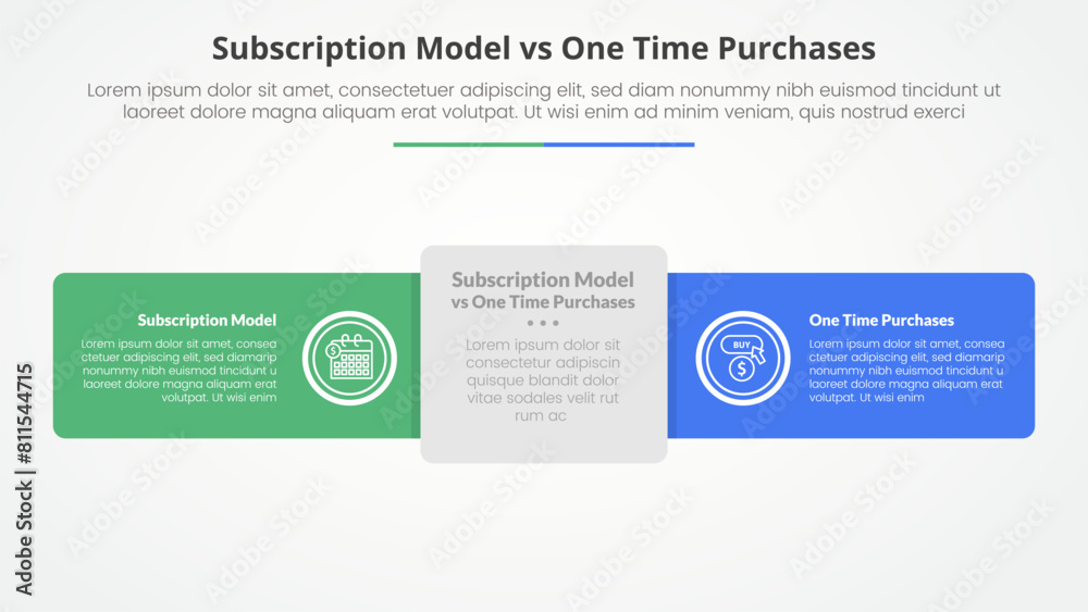 subscription vs one time purchase versus comparison opposite infographic concept for slide presentation with round rectangle horizontal line with flat style