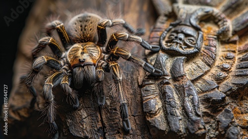 Close-up of a hairy tarantula on a highly textured ancient artifact background photo