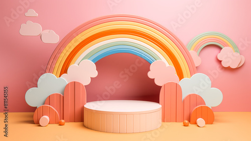 Baby product display podium with cute rainbow background