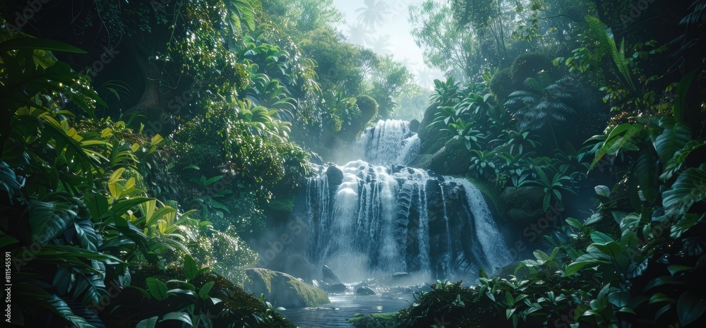 Scenic waterfall in front of a beautiful landscape, nature view, created with AI Scenic waterfall in front of a beautiful landscape, nature view, created with AI
