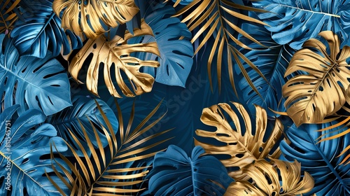 Vibrant Tropical Escape  Blue and Gold Leaf Extravaganza