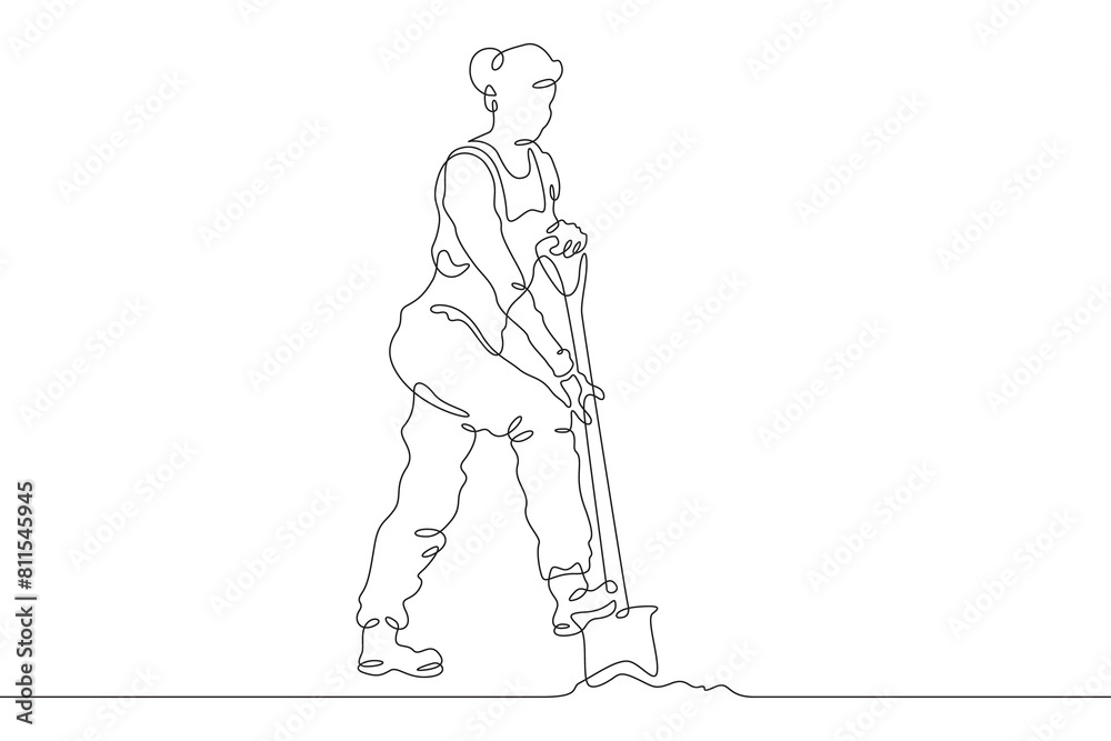 Woman farmer in overalls and boots. The female character is engaged in agriculture. Villager. Gardener. One continuous line. Line art. Minimum one line. White background. One line drawing.