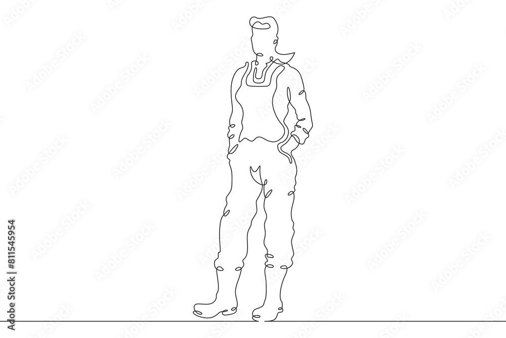 Woman farmer in overalls and boots. The female character is engaged in agriculture. Villager. Gardener. One continuous line. Line art. Minimum one line. White background. One line drawing.