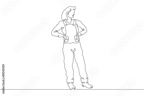 Woman farmer in overalls and boots. The female character is engaged in agriculture. Villager. Gardener. One continuous line. Line art. Minimum one line. White background. One line drawing.