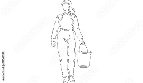 Woman farmer in overalls and boots. The female character is engaged in agriculture. Villager. Gardener. One continuous line. Line art. Minimum one line. White background. One line drawing.