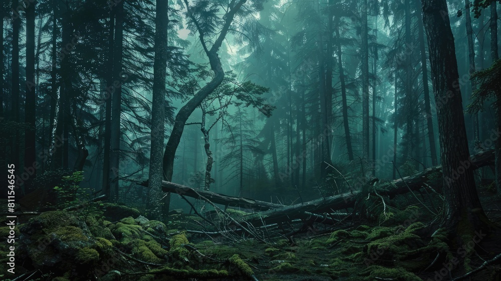 Gloomy forest with massive trees and fallen tree in the canopy