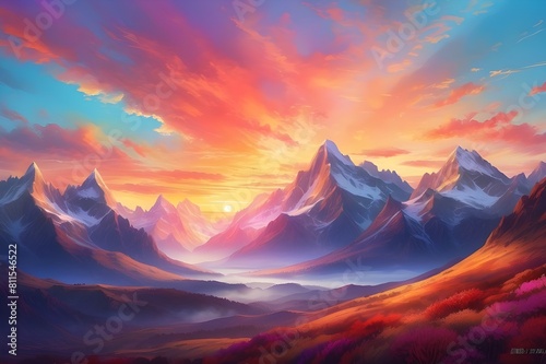 As the sun rises over the majestic mountains, the sky is painted with a unique blend of vibrant colors, casting a warm glow over the landscape.