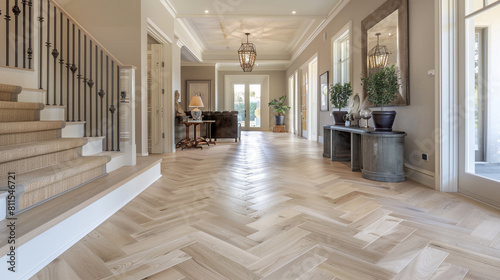 Seamless herringbone parquet in foyer and living room.