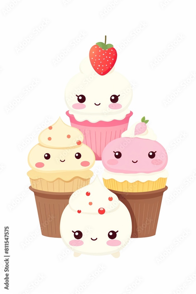A delightful illustration of smiling cartoon cupcakes with various toppings, evoking happiness and sweetness.