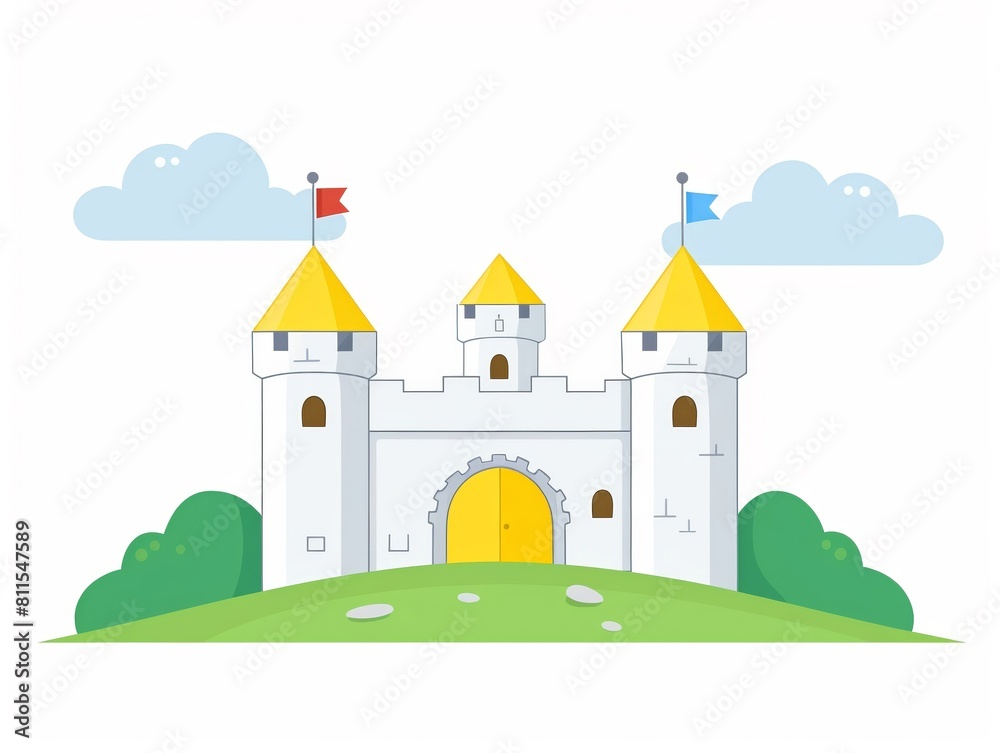 Whimsical illustration of a fairytale castle with yellow towers on a green hill under a cloudy sky.