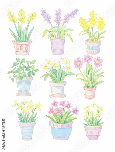 A charming illustration of a collection of spring flowers in various pots, rendered in soft watercolors for a gentle, inviting vibe.