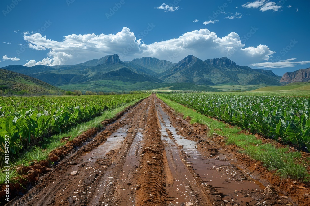 Lush green farmland with a muddy track leading towards distant mountains, showcasing contrasting weather conditions and agricultural richness. Lush green farmland with a muddy track leading towards distant mountains, showcasing contrasting weather conditions and agricultural richness.