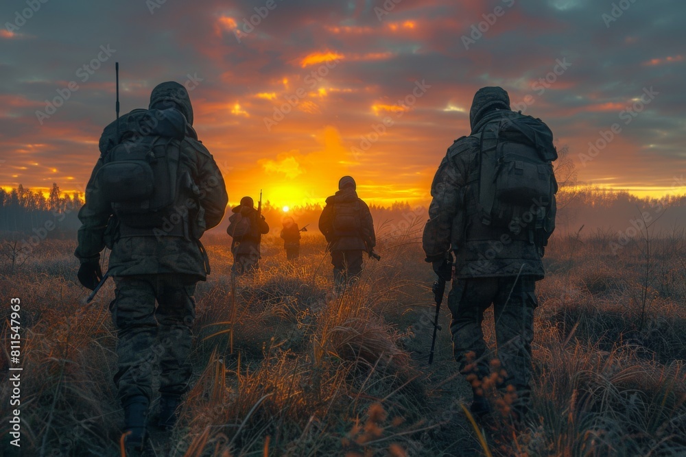 Soldiers patrolling at dawn with a vivid sunrise in the background, symbolizing hope and resilience. Soldiers patrolling at dawn with a vivid sunrise in the background, symbolizing hope and resilience.