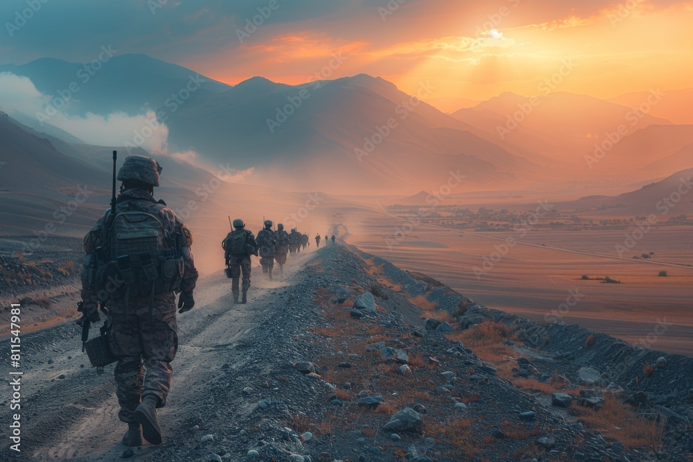 Soldiers advancing through a desert landscape at sunset, with a dramatic orange sky enhancing the harsh environment. Soldiers advancing through a desert landscape at sunset, with a dramatic orange sky enhancing the harsh environment.