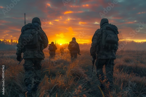 Soldiers patrolling at dawn with a vivid sunrise in the background, symbolizing hope and resilience. © Good AI