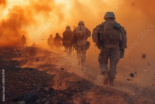 A group of soldiers rushing through a battlefield  enveloped in explosive smoke  depicting intense military action.