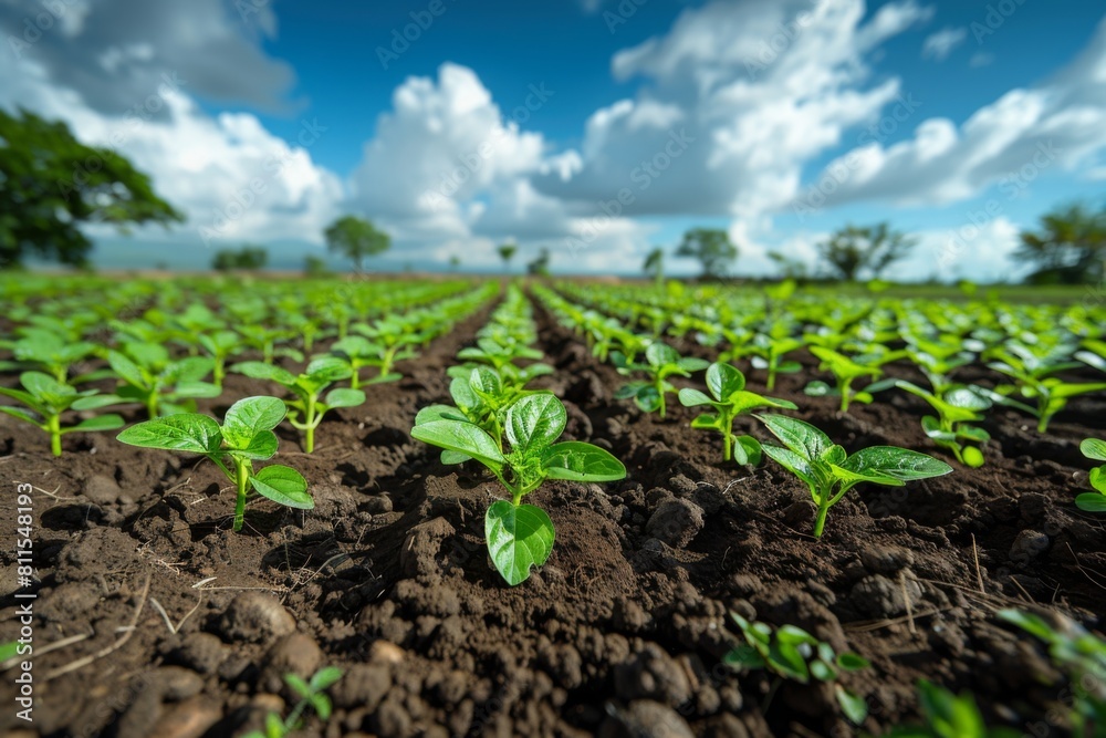 Young soybean plants thrive in a well-cultivated farm field under a bright sky, emphasizing sustainable agriculture. Young soybean plants thrive in a well-cultivated farm field under a bright sky, emphasizing sustainable agriculture.
