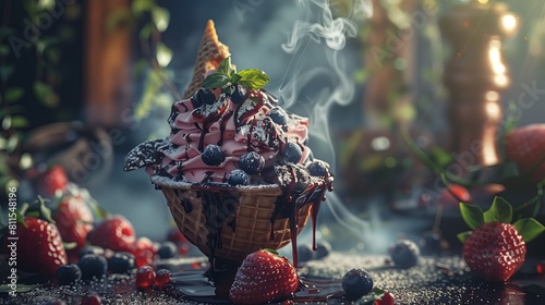 Delicious Ice Cream Sundaes with Vanilla, Chocolate and Strawberry 