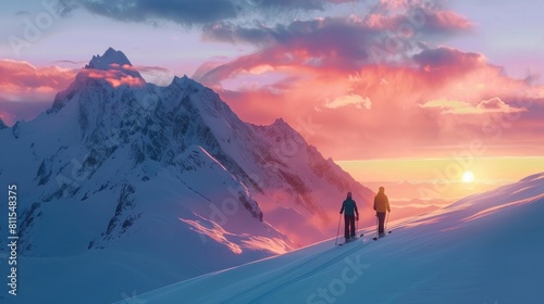 Man and woman skiing downhill at dusk, snowcapped mountain in background