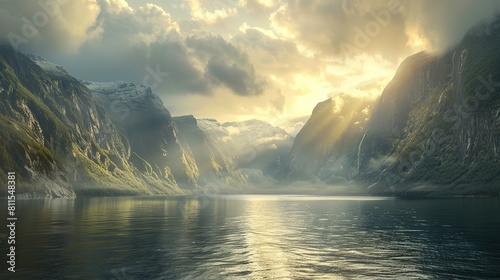The Norwegian fjords, captured in the style of Turner's Romanticism, art style. copy space for text. photo