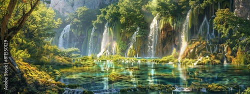 Scenic waterfall in front of a beautiful landscape  nature view  created with AI