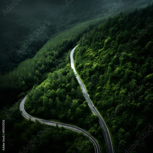 Top view mountain road in green forest. Generative AI.