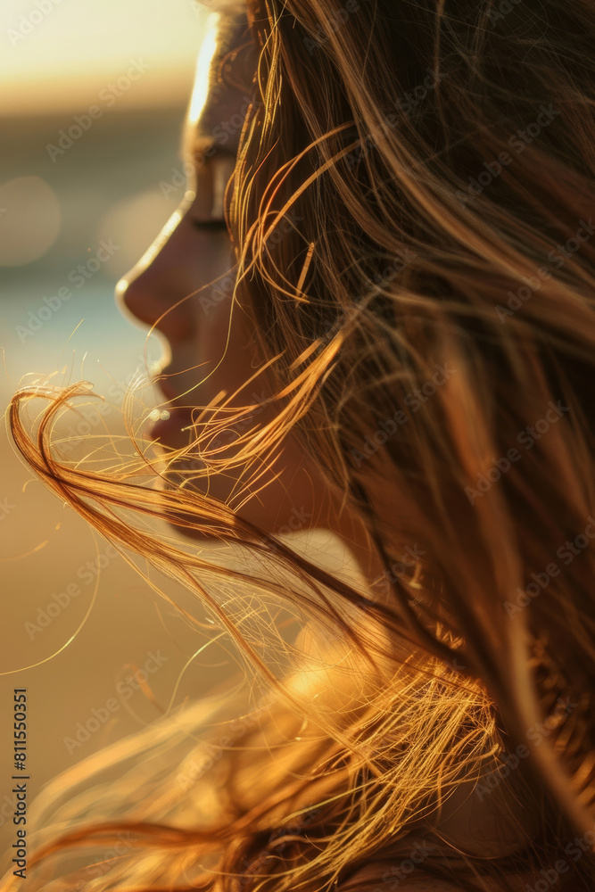 Beach Serenity, Close-Up of Wind-Swept Hair at Sunset