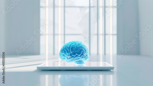 A large tablet displaying holographic 3D brain, laid on a white table within a clean. Generative AI illustration  photo