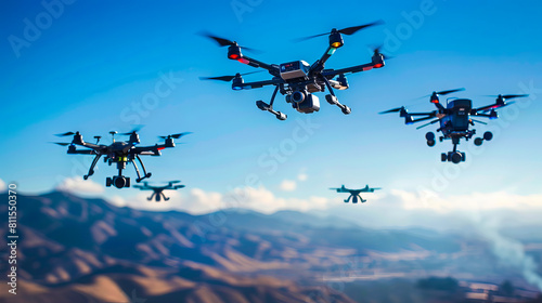 A group of drones flying in the sky.