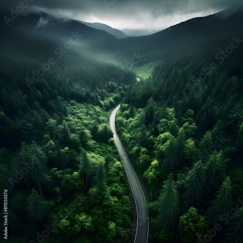 Top view mountain road in green forest. Generative AI.