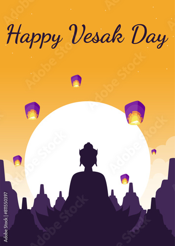 Vesak Day Creative Concept for Card or Banner. Vesak Day is a holy day for Buddhists. Happy Buddha Day with Siddhartha Gautama Statue Design Vector Illustration