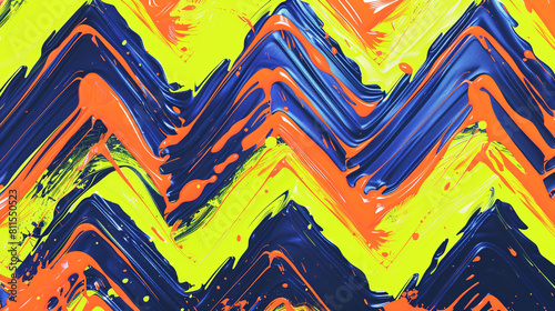 An electrifying chevron design with bold streaks of cobalt blue and vibrant orange forming a wave-like pattern on a backdrop of neon yellow.